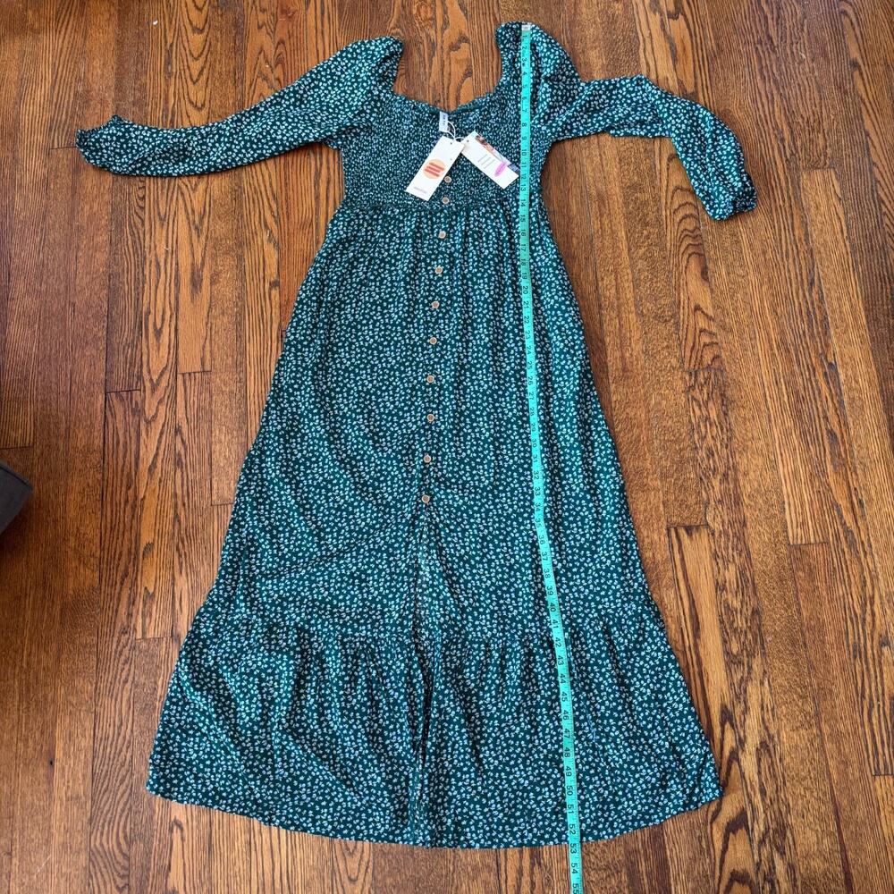 Modest Green Floral Smocked Cottagecore Maxi Dress Button Front NWT Size M - Picture 5 of 8